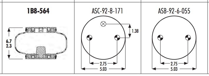 1B8-564 Amortyzator pneumatyczny Goodyear 579-91-3-532 ze śrubami aluminiowymi 3 / 8-16